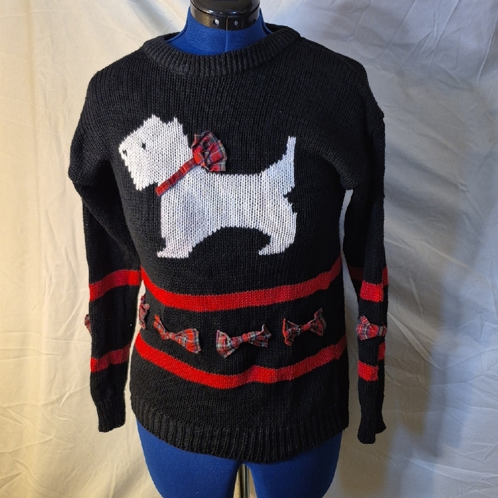 Genoa"brendaLim" Scottish Terrior Sweater.Plaid bows. (#1995) Sz.M.(vintage 80s)